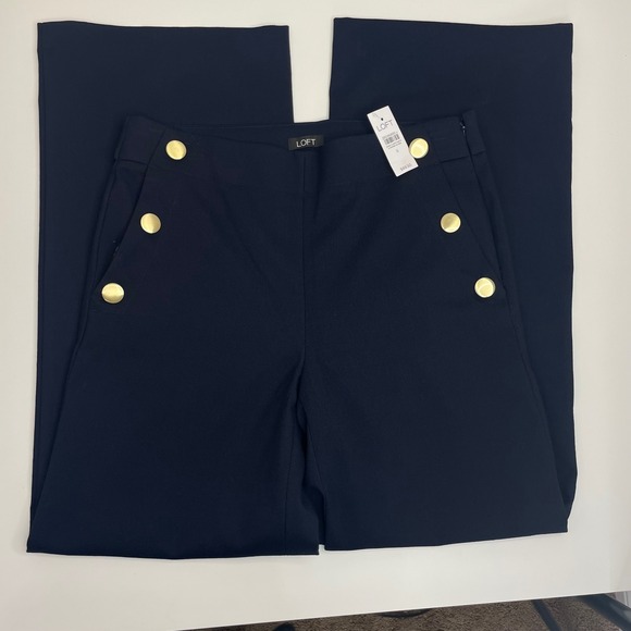 LOFT Pants - Loft NWT High Waist Trouser Pants Navy Blue Gold Button Sailor Wide Leg 6